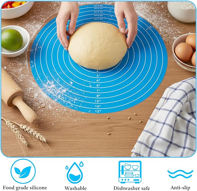 Qianyu 3Pcs Round Cake Turntable Mat Silicone Baking Mat with Measurements Reusable Silicone Baking Mats Non Stick Heat Resistant Pastry Bake Sheet for Pizza Pan Rolling Dough Pastry