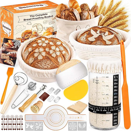 Sourdough Bread Proofing Basket Set, 47PCS Banneton Bread Proofing Set with Round & Oval Rattan Baskets, Bread Lame, Dough Scraper & Baking Tools for Beginner & Artisan Home Bakers (47)