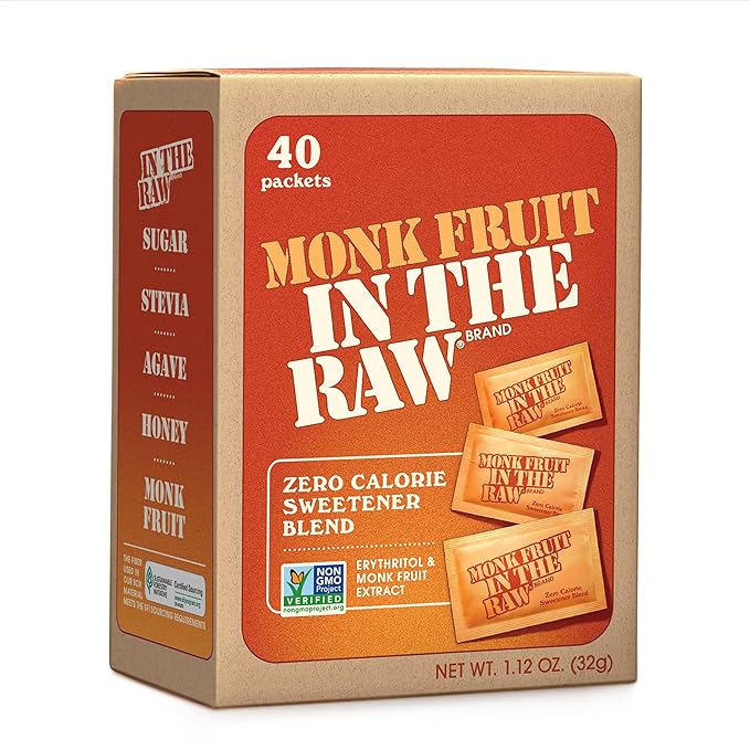 Monk Fruit In The Raw Sweetener Packets, 40 Ct, Keto Certified Monk Fruit Sweetener Packets, Zero Calories, Zero Net Carbs, Non-GMO Project Verified, Vega, Low Glycemic Index