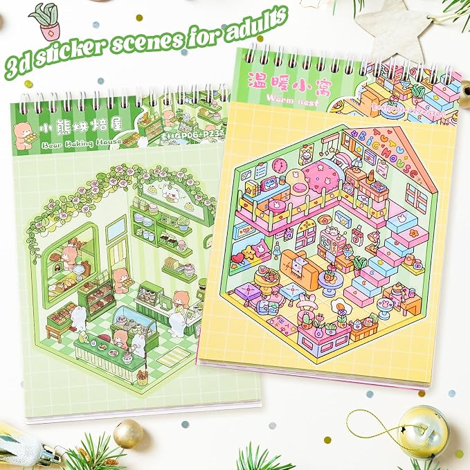 20 Sets DIY 3D Sticker Scene Collection Book DIY 3D House Stickers Make Your Own Sticker Therapy Cute Cartoon Stickers Scenes for Relief Stress Pass The Time (Pink - 20 Sets)