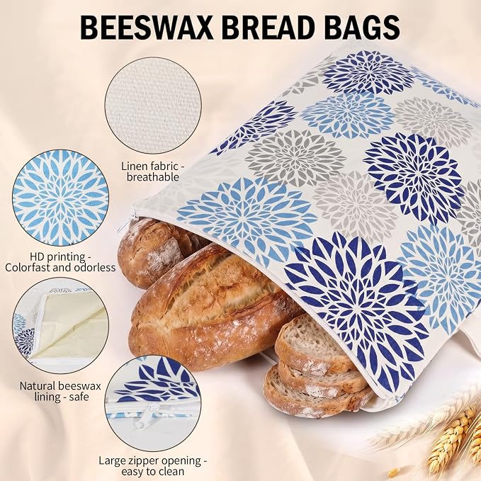 Beeswax Bread Storage Bags for Homemade Sourdough, 2 Pack 13" × 17" Linen Bread Bags with Natural Beeswax Lining, Wide L-Shaped Opening for Large Artisan Loaves, Reusable Bread Keeper（color-C）