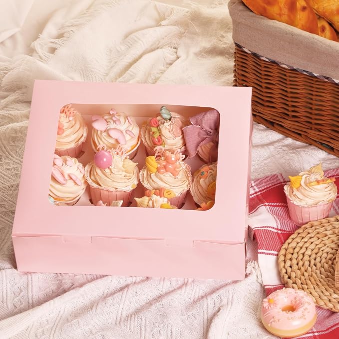 Moretoes 3PCS Cupcake Boxes with Window,Hold 12 Count Cupcake Containers for Cupcakes, Desserts, and More (Pink)