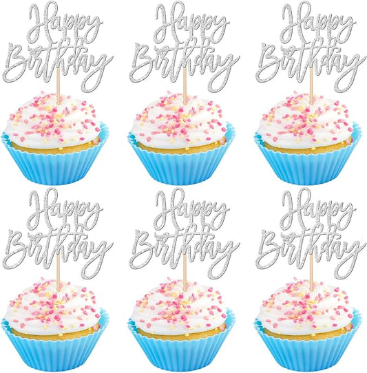 24 PCS Glitter Cupcake Toppers - Silver Happy Birthday & Anniversary Picks