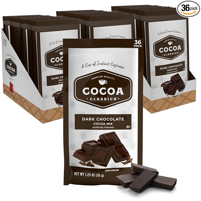 Cocoa Classics Dark Chocolate Cocoa Mix, Sweet, Smooth, Intense Dark Chocolate Flavored, Make Hot or Iced Cocoa, Gluten Free, Kosher Dairy Friendly, 1.25oz Packets (Pack of 36)