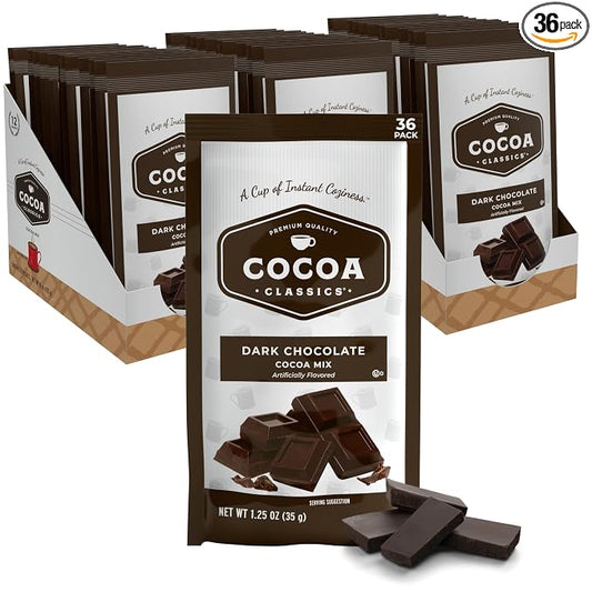 Cocoa Classics Dark Chocolate Cocoa Mix, Sweet, Smooth, Intense Dark Chocolate Flavored, Make Hot or Iced Cocoa, Gluten Free, Kosher Dairy Friendly, 1.25oz Packets (Pack of 36)