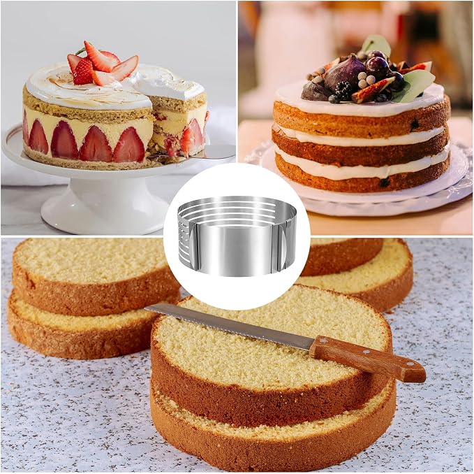 HARFINGTON Cake Leveler Slicer Stainless Steel Adjustable Round Cake Cutter Ring 7 Layered 6-8 Inch / 9-12 Inch for Baking Cutting and Slicing Cakes