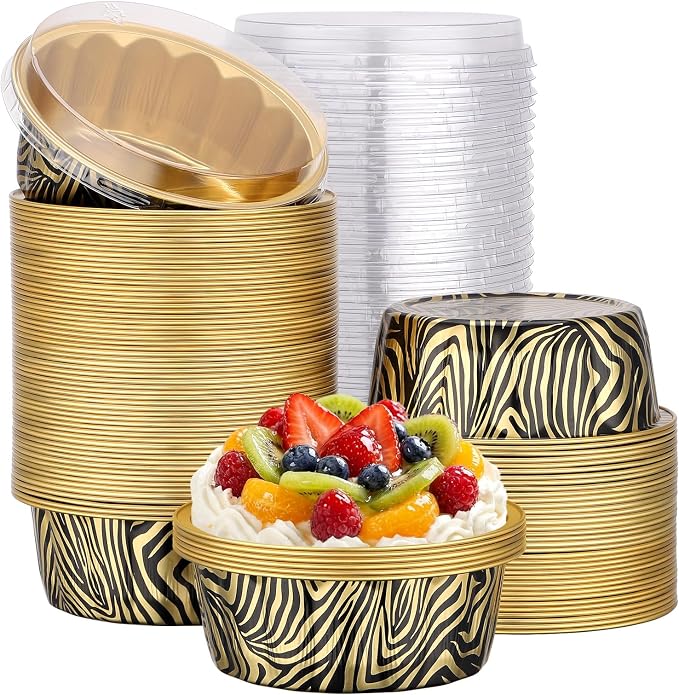 Beasea Aluminum Cups for Baking, 8oz 100 Pack Disposable Ramekins with Lids, Aluminum Foil Baking Cups Creme Brulee Muffin Cupcake Mini Pudding Ramekin Tin for Party Birthday - Tiger Stripes