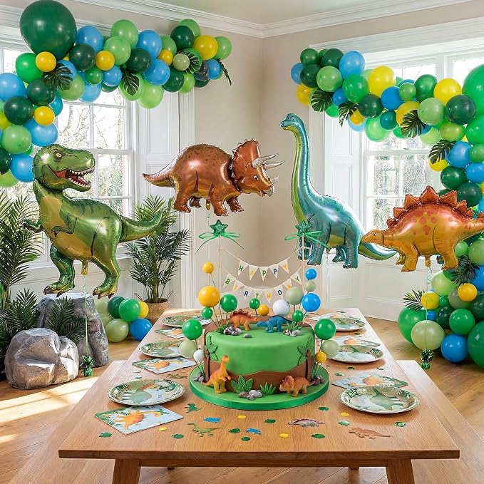 31 Pcs Happy Birthday Cake Topper Cake Bunting Topper Banner with Wood Pole Rainbow Garland with Bow Ribbon Balloon, Mini Cupcake Decor for Birthday Baby Shower (Green Dragon)