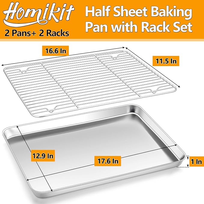 Homikit Baking Sheet with Rack Set (2 Pans+2 Racks), 18x13 Inches Stainless Steel Half Cookie Sheets with Cooling Racks Non Toxic, Large Bacon Crisp Trays for Oven Baking Cooking, Dishwasher Safe