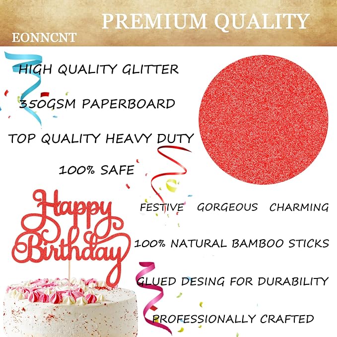 Happy Birthday Cake Topper - Red Glitter Birthday Party Cake Decoration Supplies, Photo Booth Props