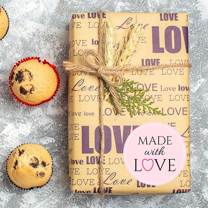 300pcs 1.75" Made with Love Round Gift Labels - Heart, Floral & Green Leaf Design, Eco-Friendly Glossy Stickers for Homemade Handmade DIY Gifts, Treats, Crafts, Beauty, Gift Decoration