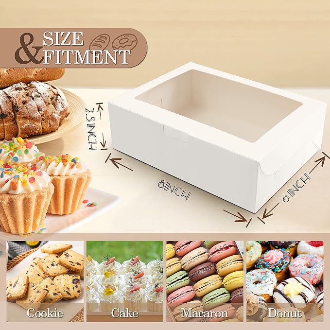 KPOSIYA 65 PCS 8x6x2.5 Inch Cookie Boxes with Window White Bakery Boxes Pastry Boxes for Gift Giving, Treat, Dessert, Cupcakes, Chocolate, Strawberries, Donuts, Muffins (5 Style Windows)