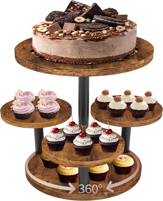 Cupcake Stand 4 Tier, 360° Rotatable Cupcake Stand, Rustic Industrial Wood Cupcake Tower Stand, Dessert Table Display Set Tiered Tray Stand, Round Serving Tray for Party Wedding Birthday