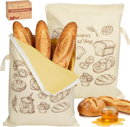 2 Pack Reusable Cotton Sourdough Beeswax Bread Bags with Wide Zipper, Beige | XL(13.3x16.9in) Portable Bread Storage with Handle, Washable, Keep Fresh, Fit Homemade Sourdough Bread, Ideal for Gift-Giving