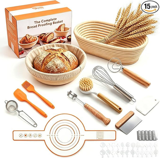 Sourdough Starter Kit - 10 Inch Round Sourdough Proofing Basket with Linen Liner, Handmade Dough Rising Bowl for Artisan Bread Making, Fermentation Tool for Home Bakers - Complete Kit with Scraper