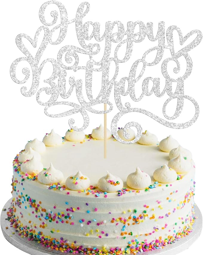 Gyufise 1Pcs Happy Birthday Cake Topper Glitter Cake Pick for Celebrating Anniversary Party Cake Decorations Supplies Silver