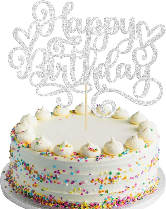 Gyufise 1Pcs Happy Birthday Cake Topper Glitter Cake Pick for Celebrating Anniversary Party Cake Decorations Supplies Silver