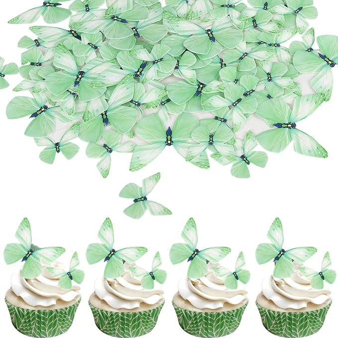 72PCS Edible Butterfly Cupcake Toppers & Decorations for Butterfly Theme Baby Shower & Kids Birthday Party - Green