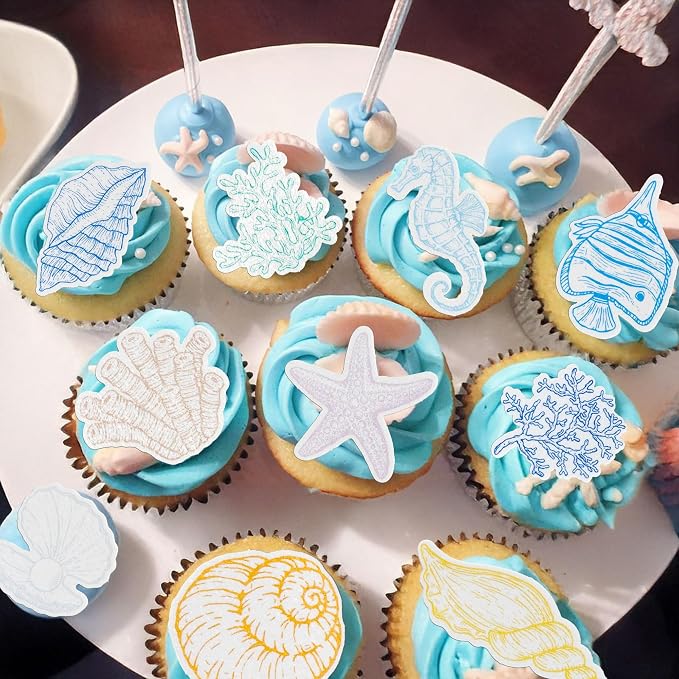 Gyufise 60Pcs Edible Seashell Cupcake Toppers Beach Sea Shell Party Decorations Edible Starfish Conch Coral SeaShell Cupcake Picks for Coastal Beach Baby Shower Birthday Party Supplies