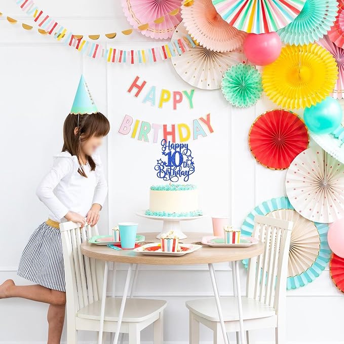 1 PCS Happy 10th Birthday Cake Topper Glitter Cheers to 10 Years Birthday Cake Pick Hello 10 Fabulous Cake Decoration for Happy 10th Birthday Anniversary Party Decorations Supplies Blue