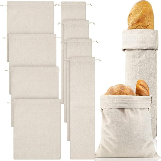 Woanger 8 Pcs Linen Bread Bags, Reusable Sourdough Bread Storage Bags with Drawstring, 12 x 15 Inch 6 x 27 Inch Burlap for Homemade Artisan Breads, Keeps Breads Fresh Longer, Gift(Blank Pattern)