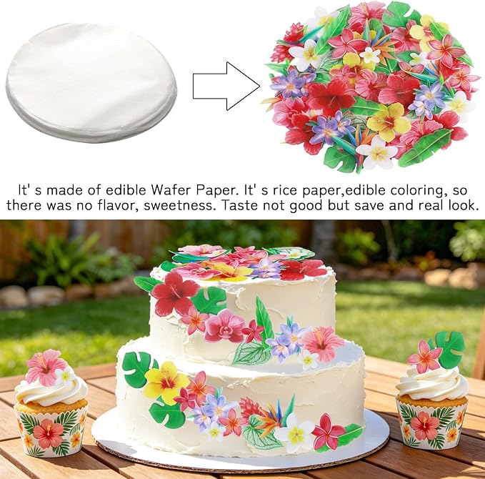 74pcs Edible Tropical Flowers Cake Toppers Hawaii Hibiscus Cupcake Decor | Morofme Edible Flowers Cake Topper Tropical Leaves Cupcake Topper Edible Aloha Cupcake Toppers for Summer Birthday Party