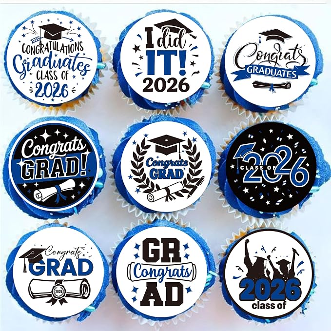 63 PCS Edible 2026 Graduation Cupcake Toppers Diploma Congrats 2026 Grad Cap Cupcake Picks Edible Class of 2026 Cake Decorations for 2026 Graduation Theme Party Cake Decorations Supplies Dark Blue