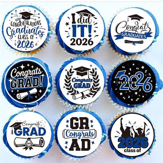 63 PCS Edible 2026 Graduation Cupcake Toppers Diploma Congrats 2026 Grad Cap Cupcake Picks Edible Class of 2026 Cake Decorations for 2026 Graduation Theme Party Cake Decorations Supplies Dark Blue