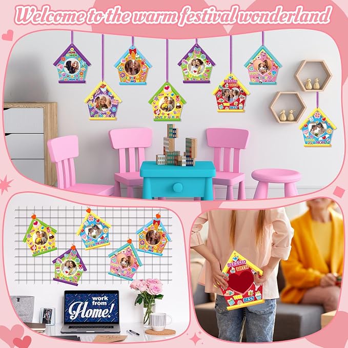 Dianelhall 24 Sets Mother's Day Picture Frame Craft Kit Love You Mom Photo Crafts Spring House Picture Frame Gift with Flower Stickers for Spring Mother's Day Classroom Holiday Party Activities(House)