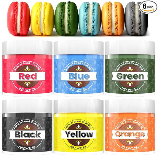 Natural Food Coloring, 6 Colors Powdered Food Coloring, FD&C & Artificial Dye Free Food Coloring for Frosting, Cake Decoration, Baking, Easter Eggs, Stable Color Performance, Bright Color, 5g/Bottle