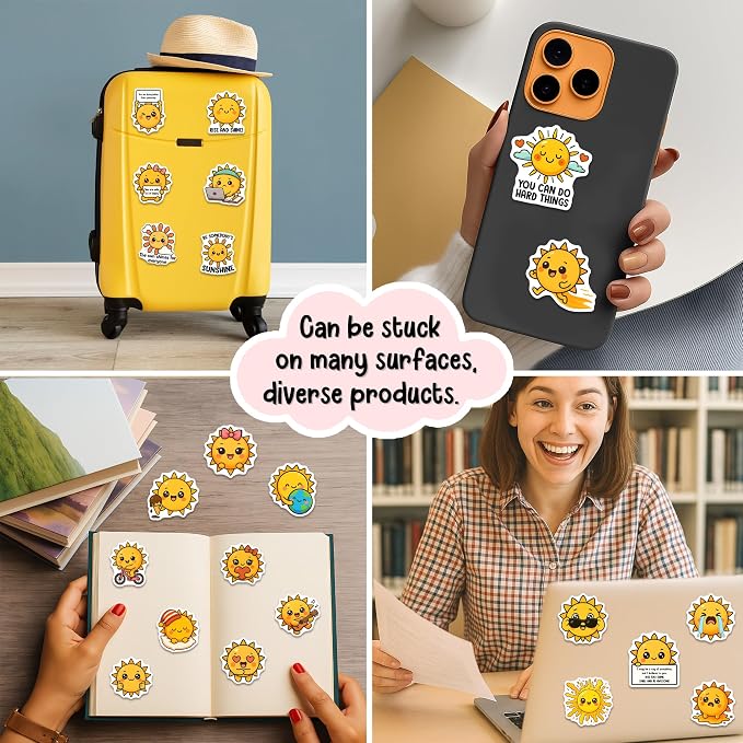 Sun Stickers 50PCS – Waterproof Vinyl Positive Sunshine Decor for Water Bottles, Laptops, Journaling – Non-Repeating Decals, High-Definition Print Gift for Womens