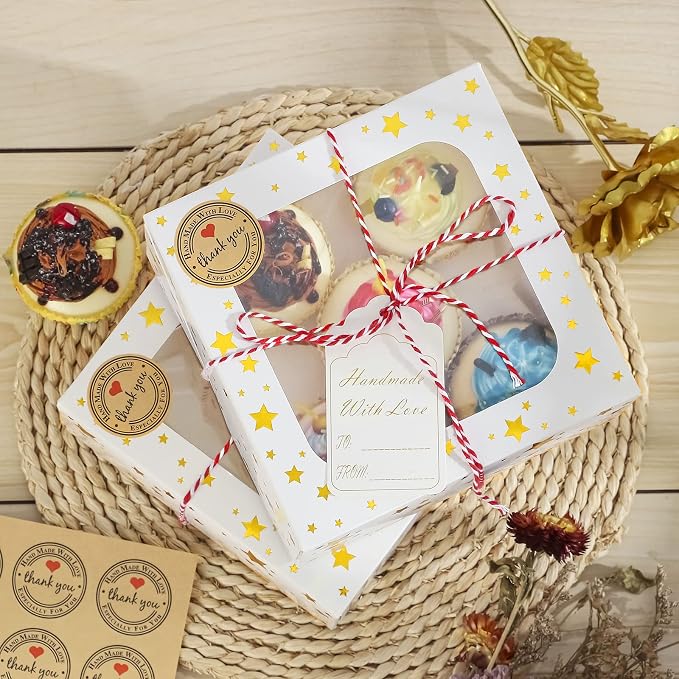 24 Pack 6X6X3 Christmas Cookie Boxes for Gift Giving Gold Foil Star White Bakery Boxes with Window 6 Inch Small Treat Boxes for Mini Cake Pastry Dessert Cupcakes Candy Donut Packaging