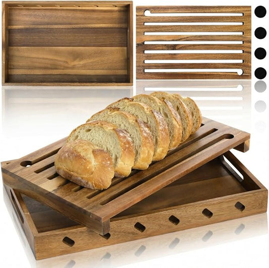Goaste Wood Bread Cutting Board with Crumb Catcher, 15 Inch Bread Slicer Board with Crumb Holder Tray, Premium Natural Chopping Board for Bagels Sourdough Homemade Loaves, Double as Bread Serving Tray