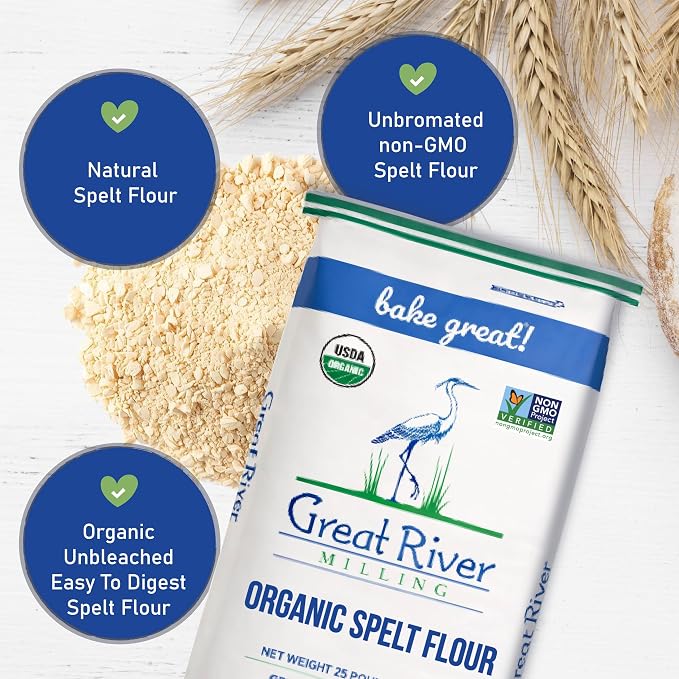 Great River Milling Organic Spelt Flour | Whole Grain Ancient Wheat Flour | USDA Organic, Non-GMO, Kosher | High Fiber, Mild Flavor | Ideal for Baking Breads, Muffins & More | 25 Lb (Pack of 1)