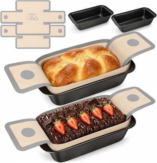 HOTEC Bread Loaf Pan with Liner Set of 4, Nonstick Bread Pans for Homemade Bread with Silicone Bread Sling Liners for Easy Release, Even Heat Distribution Bakeware for Meatloaf Lasagna Cake