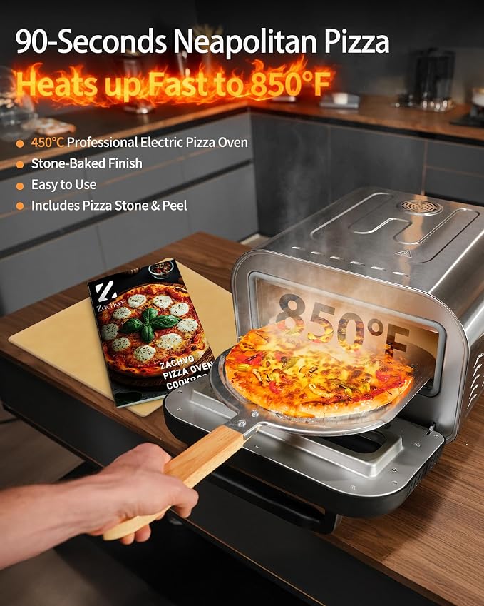 Countertop Electric Pizza Oven, 850°F, 6 Presets with DIY, Stainless | 90-Second 12 Inch Pizza, PID Top & Bottom Temp Control, Dual Knobs for Time & Temp, Always-On Light for Home Pizza Nights