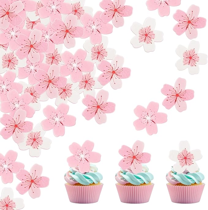 70Pcs Cherry Blossom Edible Cake Decorations Wafer Paper Flower Cupcake Toppers Paper Pink Cherry Blossom Flowers Wedding Themed Party Birthday Cake Decoration