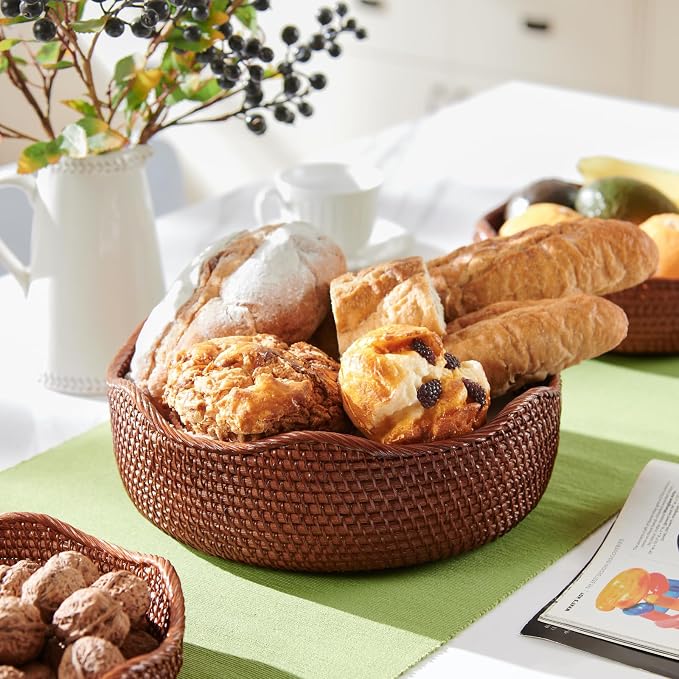 YANGQIHOME Rattan Bread Basket, Round Fruit Baskets, Wicker Storage Bowls, Natural Woven Serving Basket Bowls, Decorative Baskets for Kitchen Counter Organizing (Brown S/M/L)