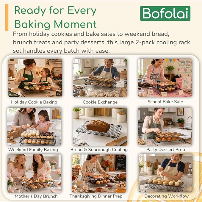 Cooling Racks for Baking 2 Pack, 17 x 11 Inch Black Collapsible Wire Racks with Folding Legs, Rust-Resistant Finish, Large Cookie Rack for Holiday Cookies, Bread and Small Kitchens