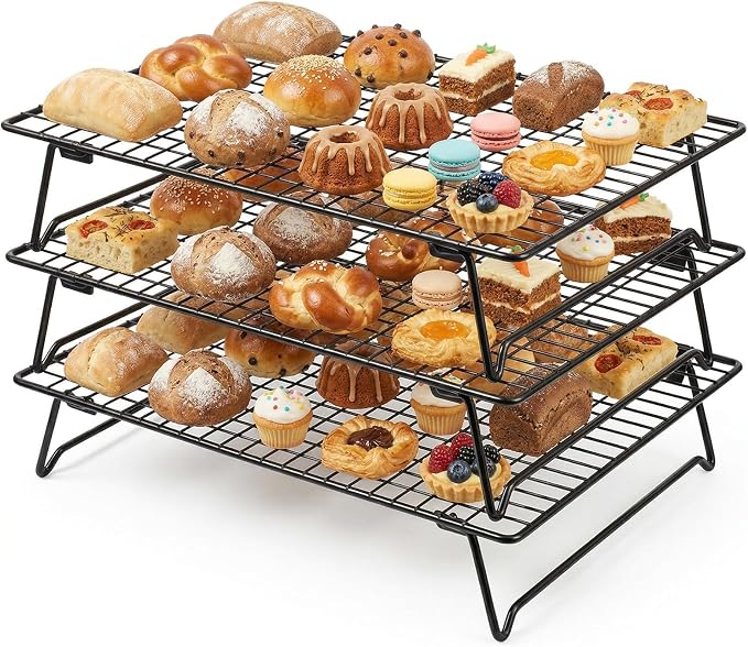 Kifmurase 3-Tier Stackable Baking Racks Cooling, 13.39 x 9.37 Inch Carbon Steel Wire Rack with Folding Legs for Cookie Cake Pizza, Multi-Use Oven Rack for Cooking Roasting Drying