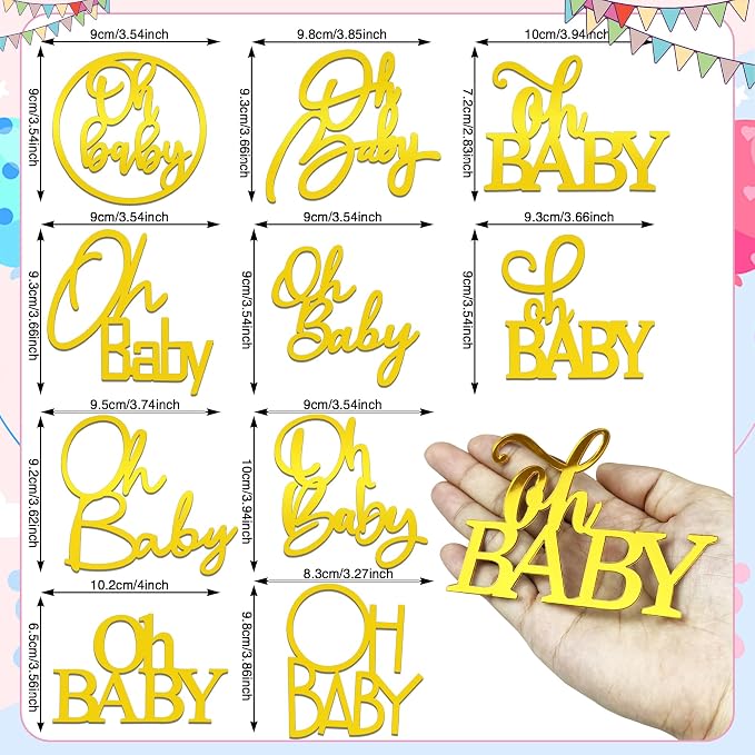 10 PCS Gold Cake Topper Mirror Acrylic Cake Topper Side Cake Decorations Gold Cake Inserts Cake Decorating Supplies Cupcake Toppers for Gender Reveal Baby Birthday Party Decorations