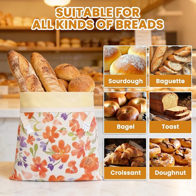 Beeswax Bread Bag for Homemade Bread Sourdough, 2 Pack Reusable Bees Waxed Infused Linen Wrap for Baguette Loaf Bread Freezer, Fresh Food Keeper Storage Container, Homesteading Essentials Flower Bloom