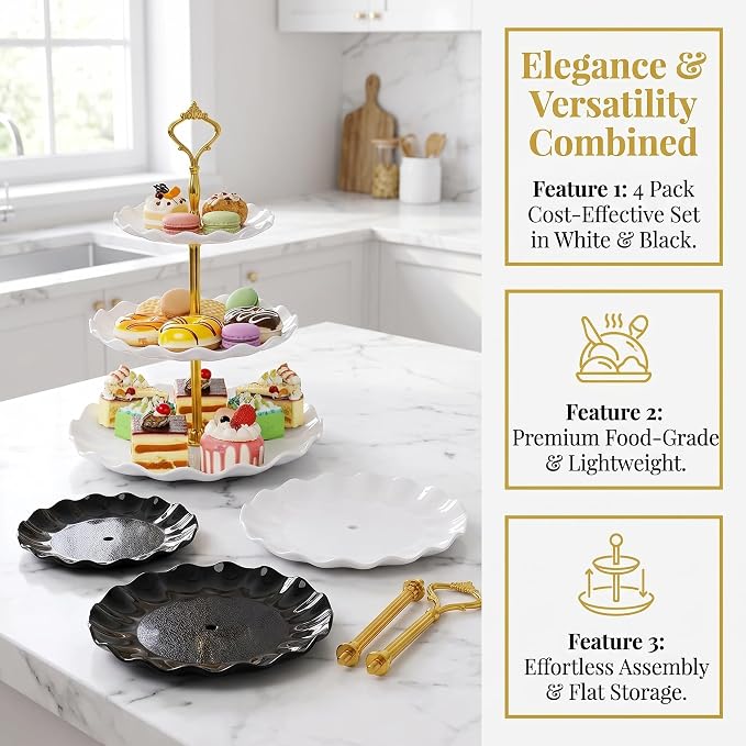 DEAYOU 4 Pack 3 Tier Cupcake Dessert Stand, Plastic Tiered Cake Stand Display Tower, Pastry Serving Tray Platter Rack Holder for Buffet, Cookie, Party, Wedding, Home Decor, White Gold, Black Gold