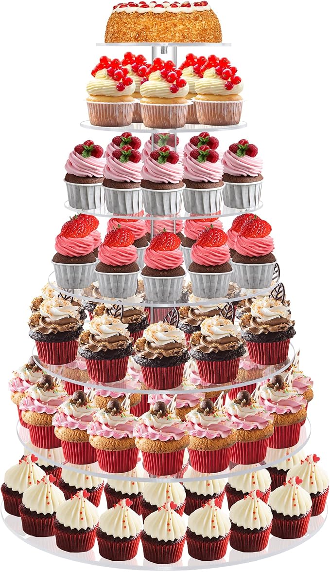Cupcake Stand, 7 Tier Round Cupcake and Cake Dessert Tower Holder for 70 Cupcakes, Clear Acrylic Cupcake Riser, Large Pastry Cupcake Display for Party Wedding Birthday