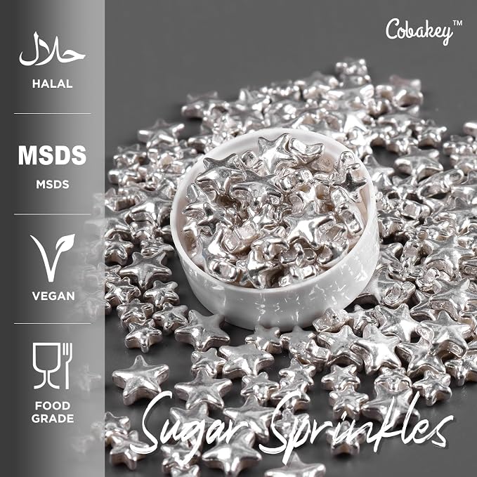 Cobakey Bright Silver Sprinkles for Cake Decorations 100g/ 3.52oz Star Metallic Pearl Sugar Sprinkles for Cupcake Toppers Wedding Party Valentines Halloween Christmas Supplies