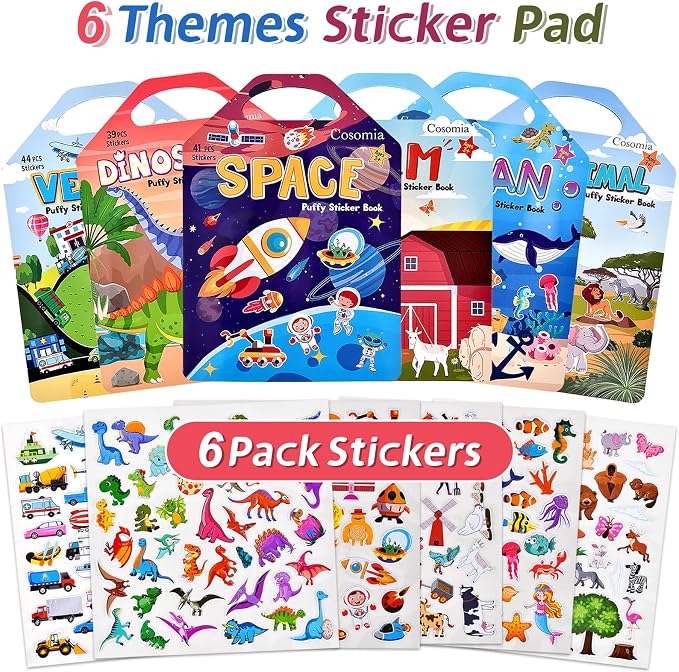 6 Set (260pcs) Puffy Sticker Books Activity for Kids, Animal, Farm, Dinosaurs, Space, Vehicle, Ocean, 3D Reusable Stickers for Boys and Girls, Travel Sticker Books for Kids Ages 3+