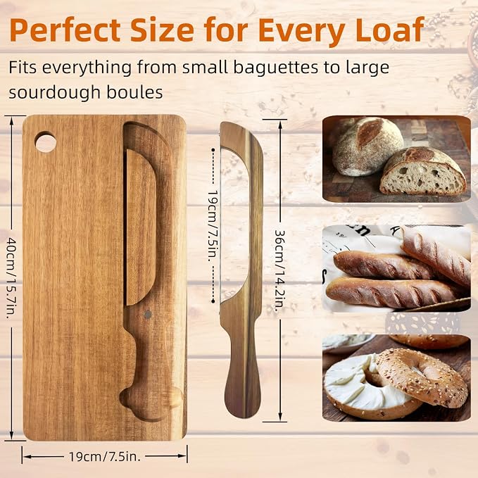 Bread Bow Knife and Board Set - Double-Sided Sourdough Bread Slicer with Spare Stainless Steel Blade & Integrated Storage, Space-Saving Bread Knife for Homemade Bread, Bagels, Ideal Gift for Homebaker