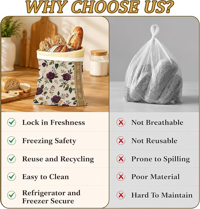 2 Pack Beeswax Burgundy Floral Bread Bags for Sourdough Homemade Breads, Reusable Beeswax Bread Ivory Botanical Storage Bag, Keep Loaves Fresh Longer, Freezer Safe & Airtight, Zero Waste 17 x 13''