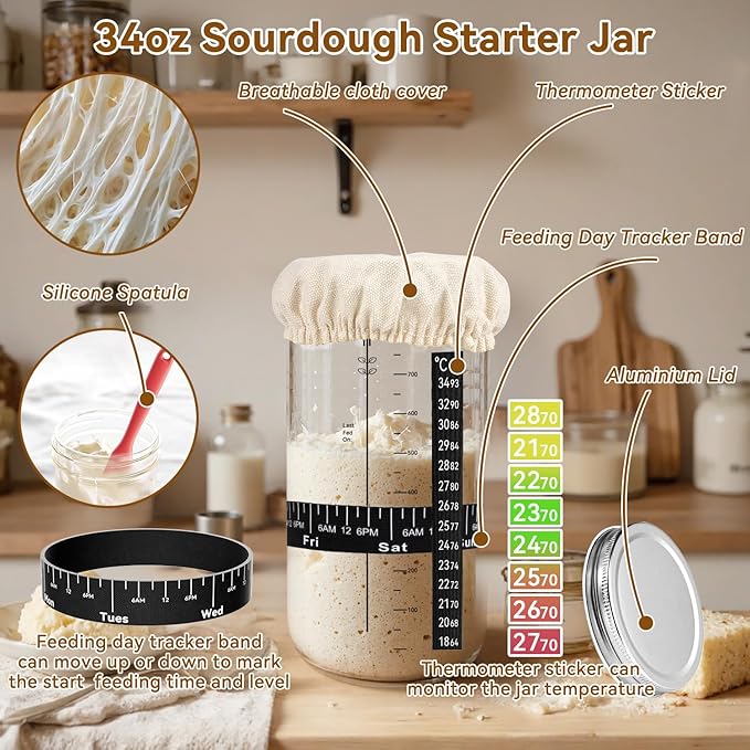 24 PCS Sourdough Starter Kit w/ 34oz Sourdough Starter Jar, Sourdough Bread Baking Supplies 9" Round & 10" Oval Silicone Banneton Bread Proofing (Yellow)