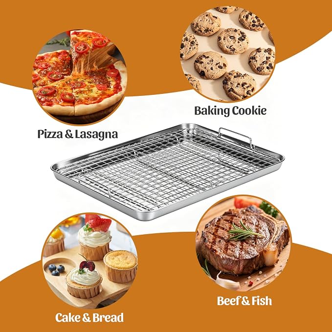 15.9" Large Stainless Steel Baking Sheet with Rack & Glove, Nonstick Baking Pans,Cookie Pan- Heavy Duty, Dishwasher Safe, Easy Clean(2 PCS)